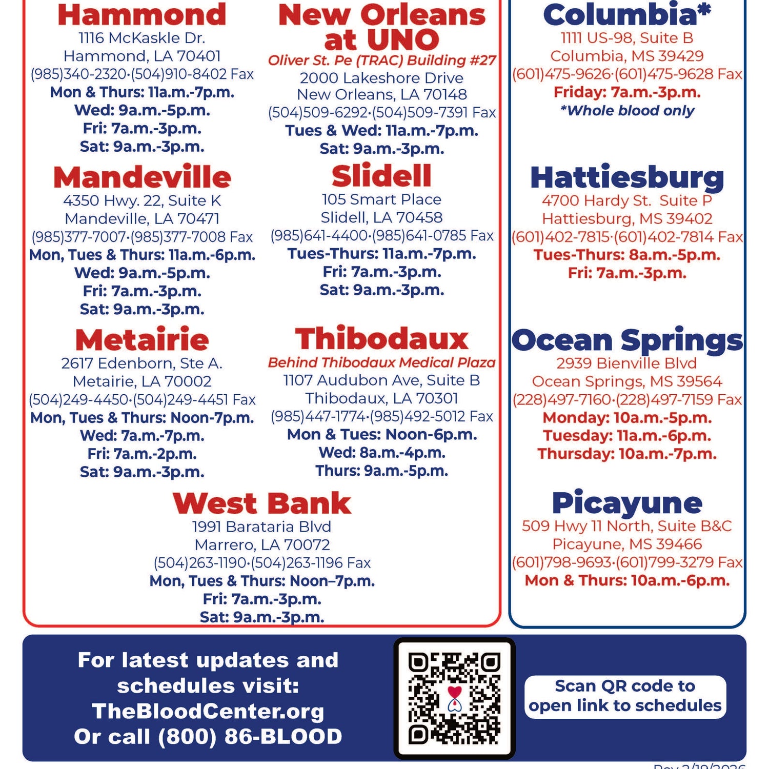Donor Center hours and locations poster for Louisiana and Mississippi with contact information.